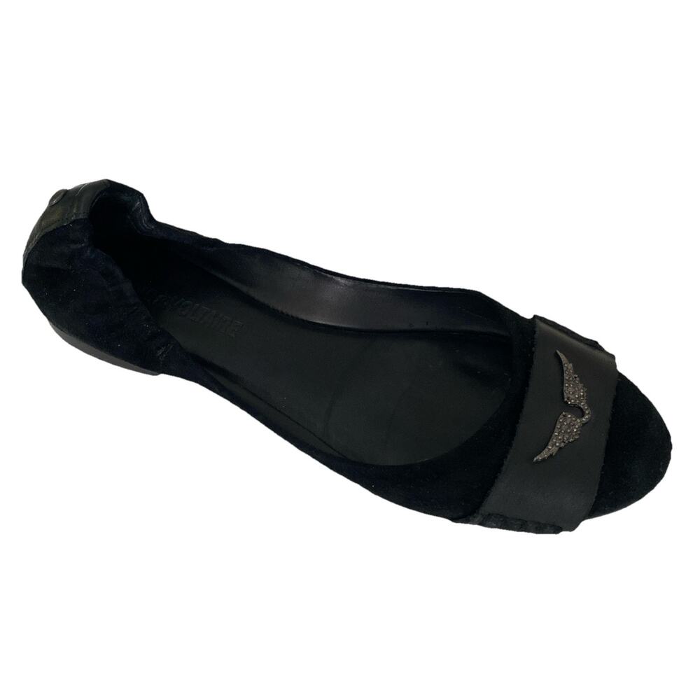 Zadig & Voltaire Ballet Flat Black Suede Round Toe Rhinestone Wings Leather 36 6